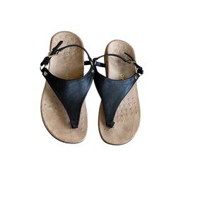 Vionic Womens Kirra Black Leather Thong Sandal Slingback Adjustable Strap Sz 7.5